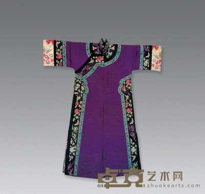 清 紫地繡花卉棉袍 